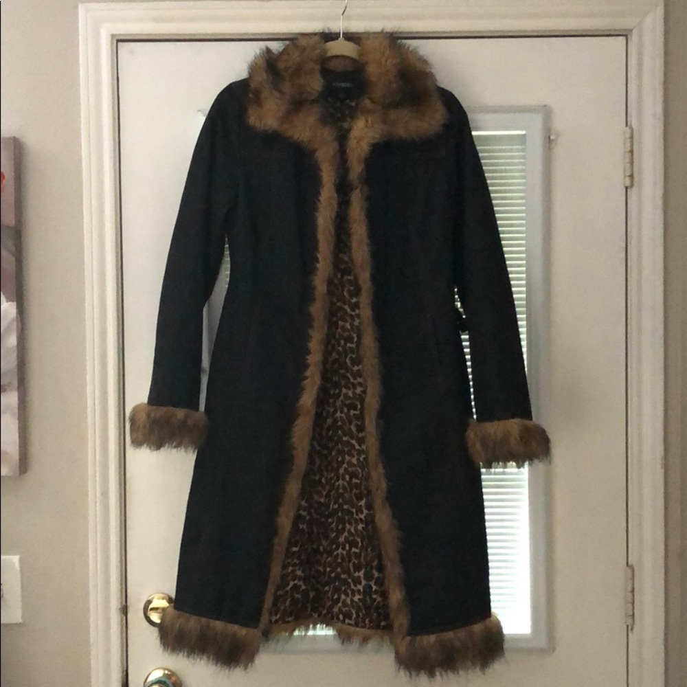 Denim and fur long jacket